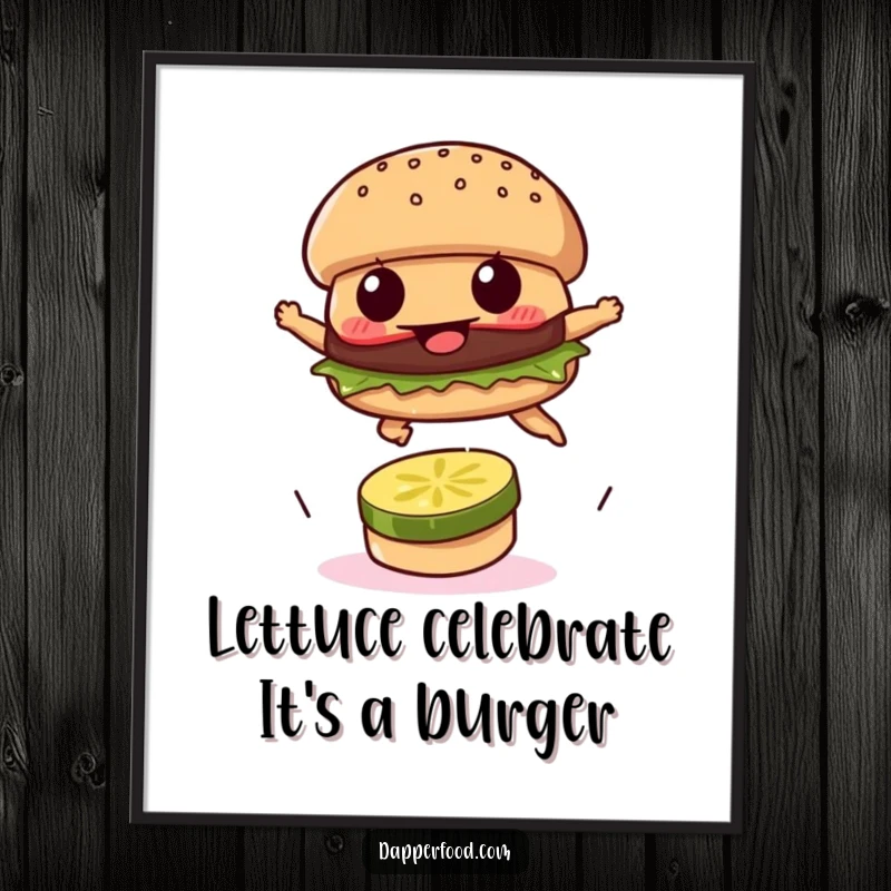 Funny Free Printable Wall Art: A determined burger patty leaping over a tiny pickle slice with gusto.