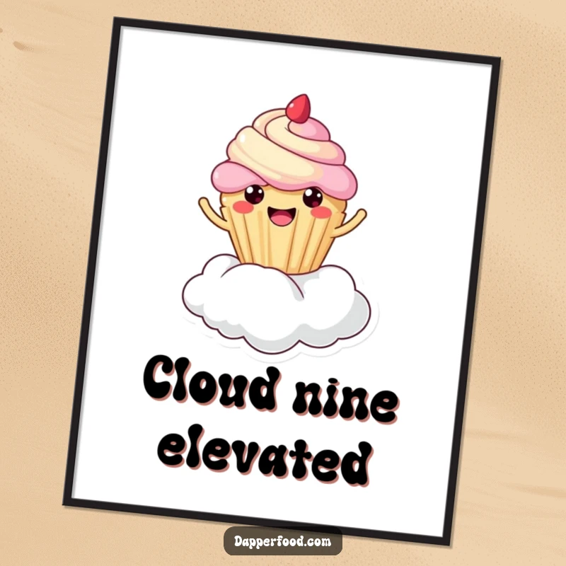 Funny Free Printable Wall Art: A delightful Kawaii cupcake happily bouncing super high on a fluffy white cloud. Downloadable art.