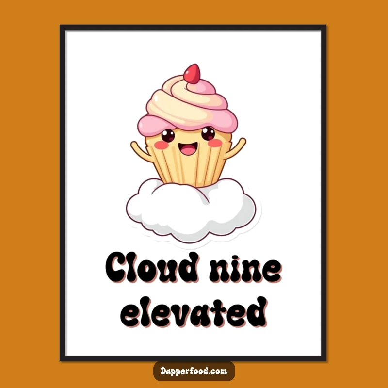Free Printable Funny Cupcake Wall Art: Kawaii Character Bouncing on Cloud Downloadable