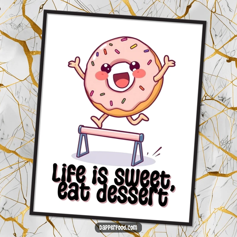Funny Free Printable Wall Art: A delighted donut character with colorful sprinkles mid-leap over a tiny hurdle, full of energy