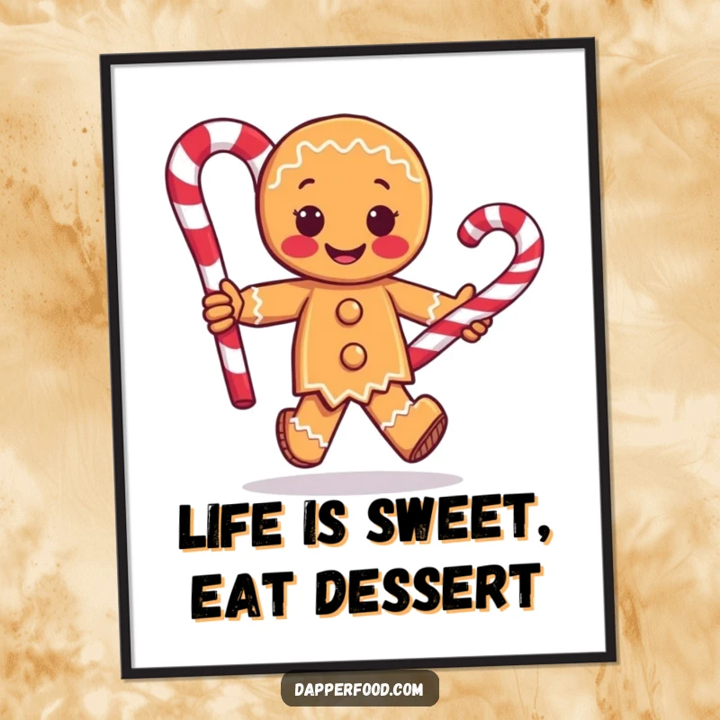 Funny free printable wall art of a gingerbread man with arms running with a giant candy cane, bringing sweet energy.