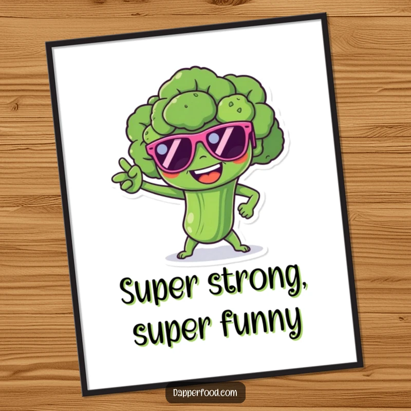 Funny Free Printable Wall Art: Cheerful broccoli superhero in tiny sunglasses strikes a dramatic superhero pose, full of power.