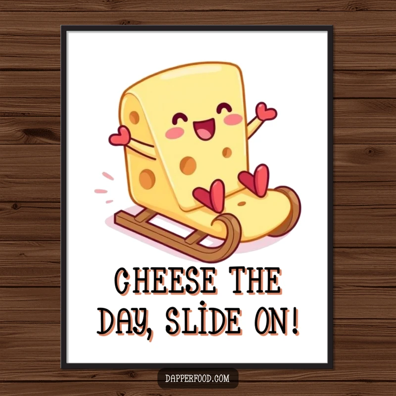 Funny Free Printable Wall Art: An anthropomorphic cheese slice gleefully sledding down a giant cracker.