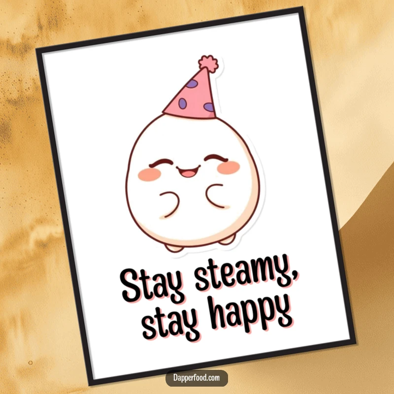 Funny Free Printable Wall Art: A cheerful dumpling winks while wearing a comically small party hat, a cute decor piece.