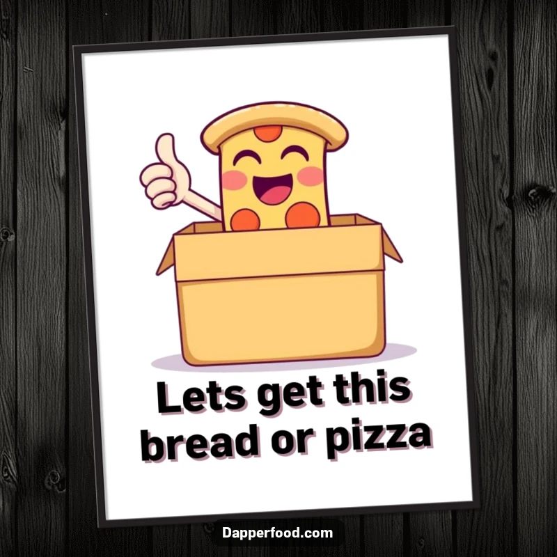 Funny Free Printable Wall Art: A giggling pizza slice gives a triumphant thumbs-up from a giant pizza box, a humorous decor piece.