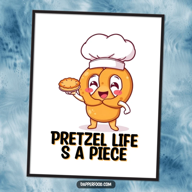 Funny Free Printable Wall Art: Happy pretzel character wearing an oversized chef hat presents a miniature pie triumphantly, a culinary delight.
