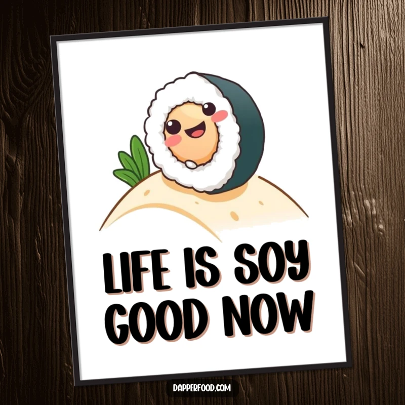 Funny Free Printable Wall Art: A smiling sushi roll gleefully rolls down a hill, bringing dynamic energy.