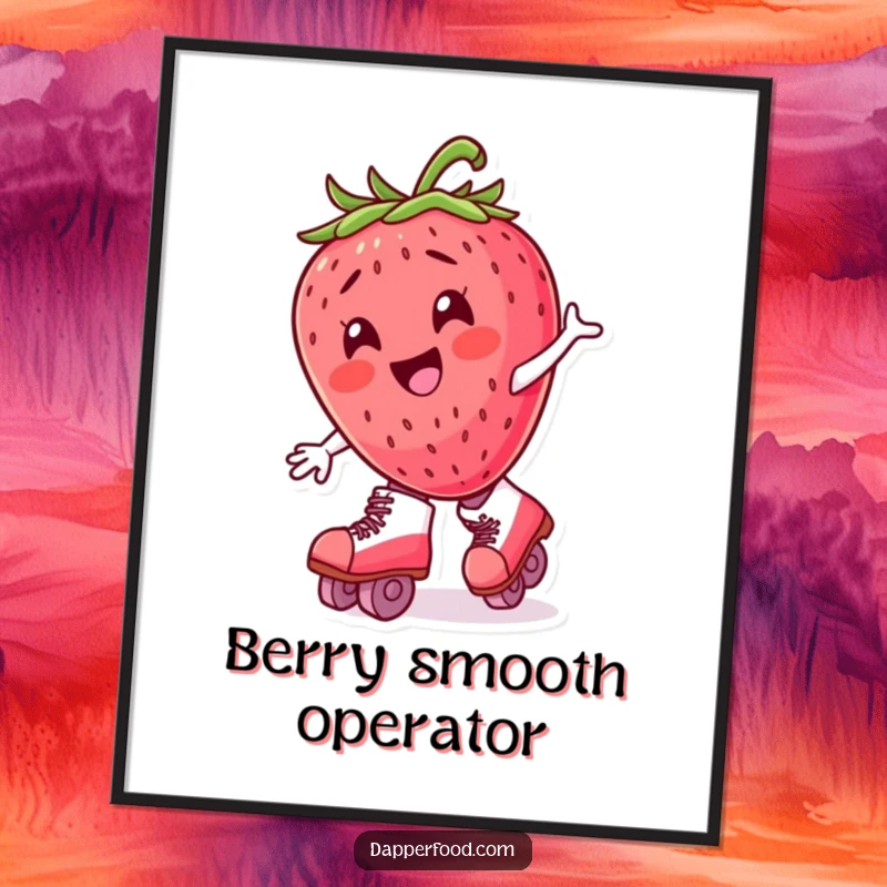 Funny free printable wall art: A delighted strawberry character in oversized roller skates, mid-wobble with pure joy.