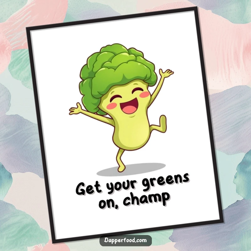 Funny Free Printable Wall Art: A giggling anthropomorphic broccoli floret mid-cartwheel, symbolizing boundless happiness and playful energy.