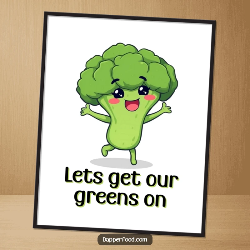 Funny Free Printable Wall Art of a beaming broccoli floret character performing an energetic and hilarious dance.
