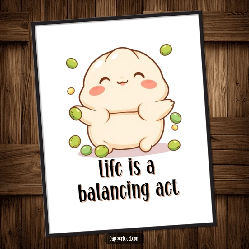 Funny Free Printable Wall Art: A playful dumpling character with rosy cheeks, perfectly balancing on a tiny ball for charming decor.