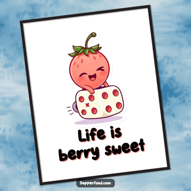 Funny Free Printable Wall Art: A winking strawberry character playfully rides a rolling dice, adding charm.