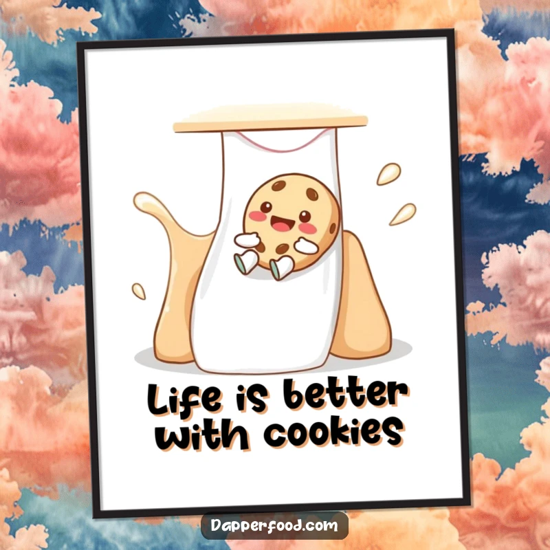 Funny Free Printable Wall Art: Giggling cookie character sliding down milk slide, whimsical digital art