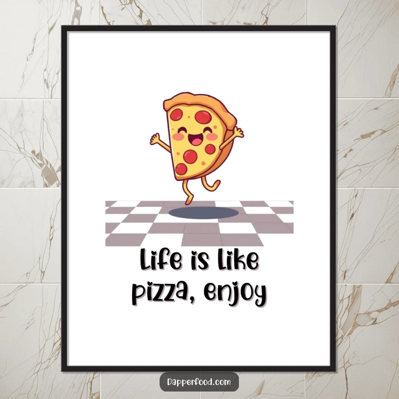 Funny Free Printable Wall Art: Smiling anthropomorphic pizza slice doing a cartwheel on checkered floor, digital art