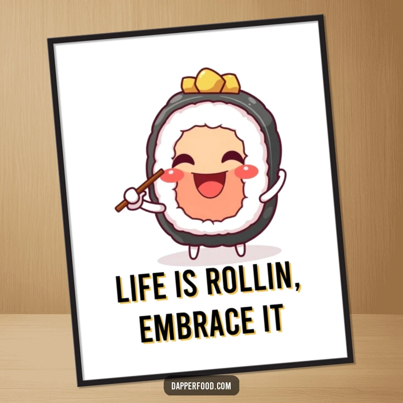 Funny Free Printable Wall Art: A cheerful sushi character with a wide grin, skillfully juggling tiny chopsticks with playful energy