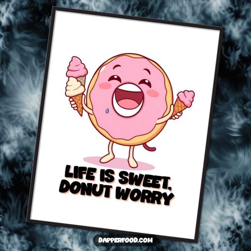 Funny Free Printable Wall Art: A grinning donut character mid-juggle with three ice cream cones, a delightful and amusing scene.