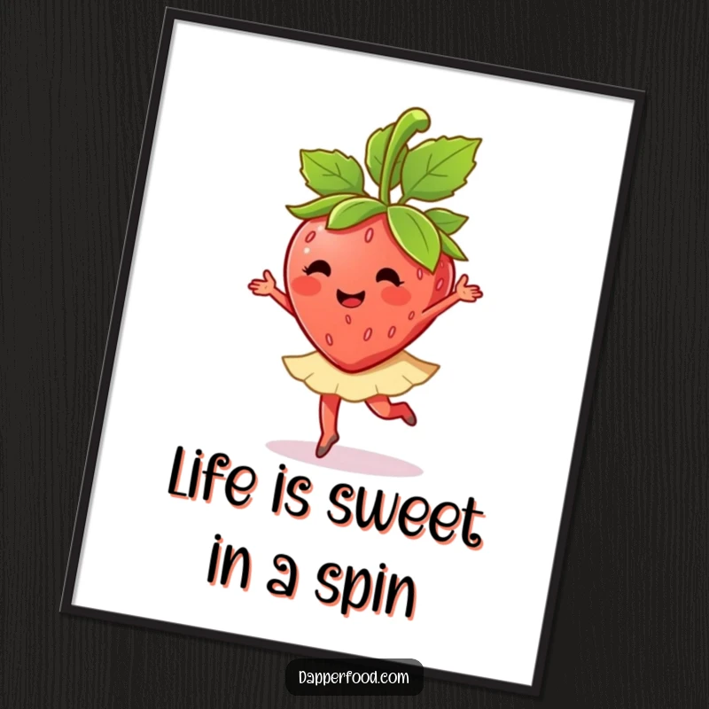 Funny Free Printable wall art: A happy anthropomorphic strawberry character doing a ballet twirl with its leaves, full of artistic flair.