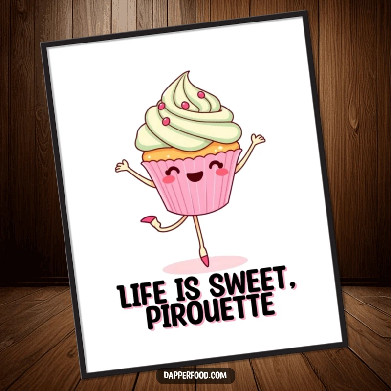 Funny Free Printable Wall Art: Cheerful Cupcake with Legs Performing a Ballet Pirouette, Whimsical Sweet Decor