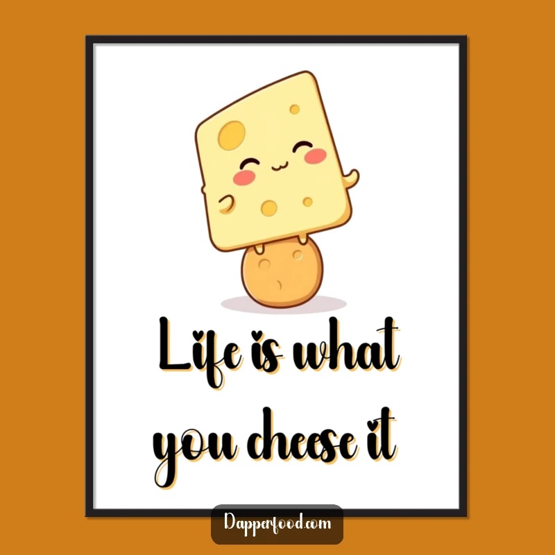Free Printable Funny Cheese Wall Art: Kawaii Character Balancing on Cracker Downloadable