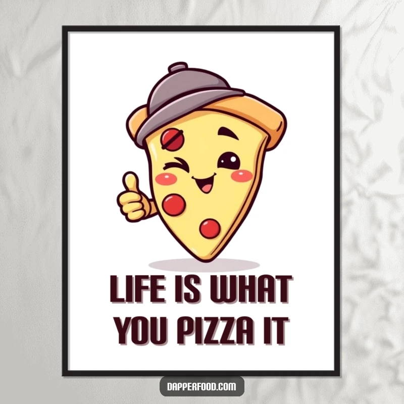 Funny Free Printable Wall Art: A winking pizza slice character wearing a jaunty hat, attempting a handstand with a playful expression