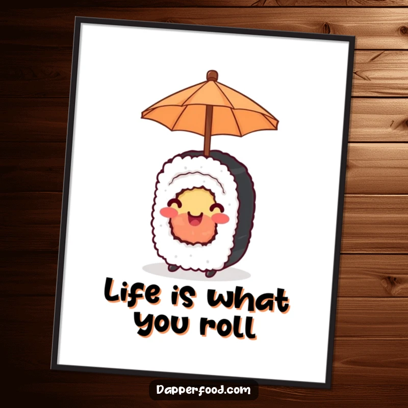 Funny Free Printable Wall Art: A happy sushi roll balances a tiny umbrella, offering a whimsical and cheerful vibe.