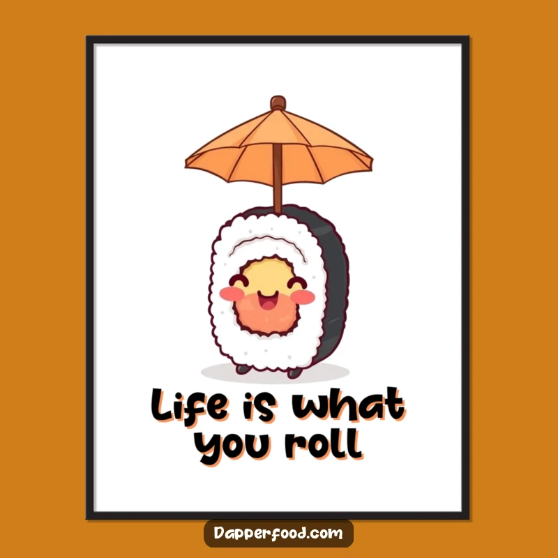 Free Printable Wall Art: Happy Sushi Roll with Umbrella Downloadable Funny Decor