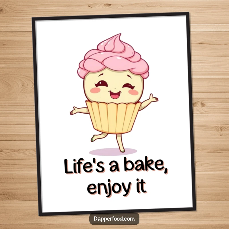 Funny Free Printable Wall Art: A giggling cupcake character with frosting hair in a graceful pirouette, radiating pure joy
