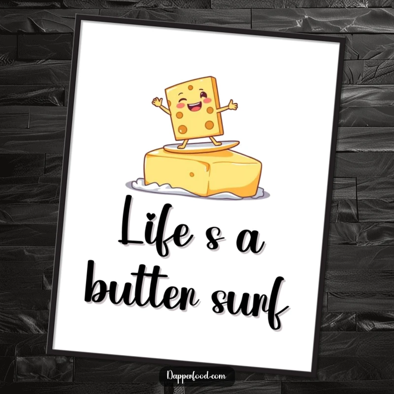 Funny Free Printable Wall Art: Delighted cheese slice character surfing a giant pat of butter with a goofy grin, looking rad.