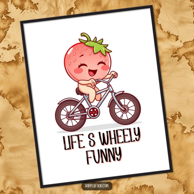 Funny Free Printable Wall Art: Winking strawberry character enthusiastically riding a tiny bicycle with square wheels, bringing joy.