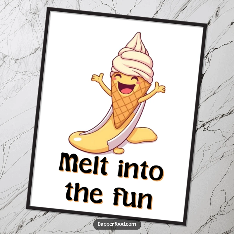 Funny Free Printable Wall Art: Laughing Ice Cream Cone with Arms Sliding Down a Syrup Slide, Playful Dessert Decor