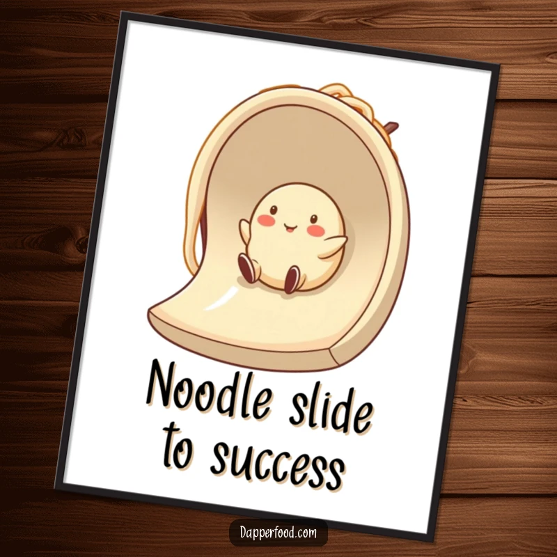 Funny Free Printable Wall Art: A smiling anthropomorphic dumpling character joyfully sliding down a giant noodle slide, celebrating culinary delight.