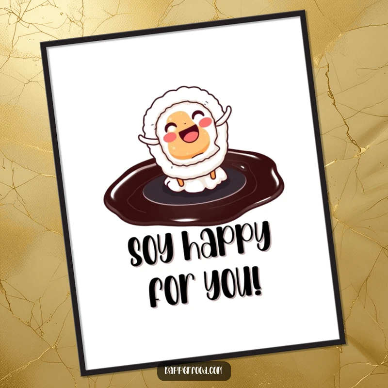 Funny Free Printable Wall Art: A smiling sushi roll doing a cartwheel on a soy sauce puddle, perfect for kitchen decor, downloadable