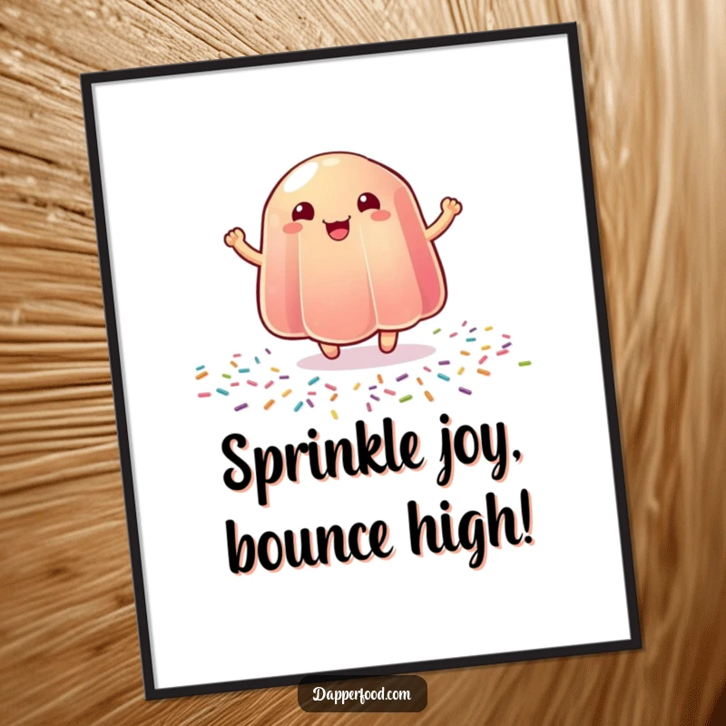 Funny Free Printable Wall Art: A wobbly piece of jelly bouncing with pure joy on a sprinkle-covered surface, printable decor