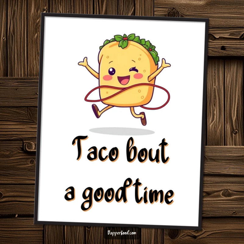 Funny Free Printable Wall Art: A cheerful anthropomorphic taco character with legs joyfully jumping rope with a salsa strand, full of vibrant energy.