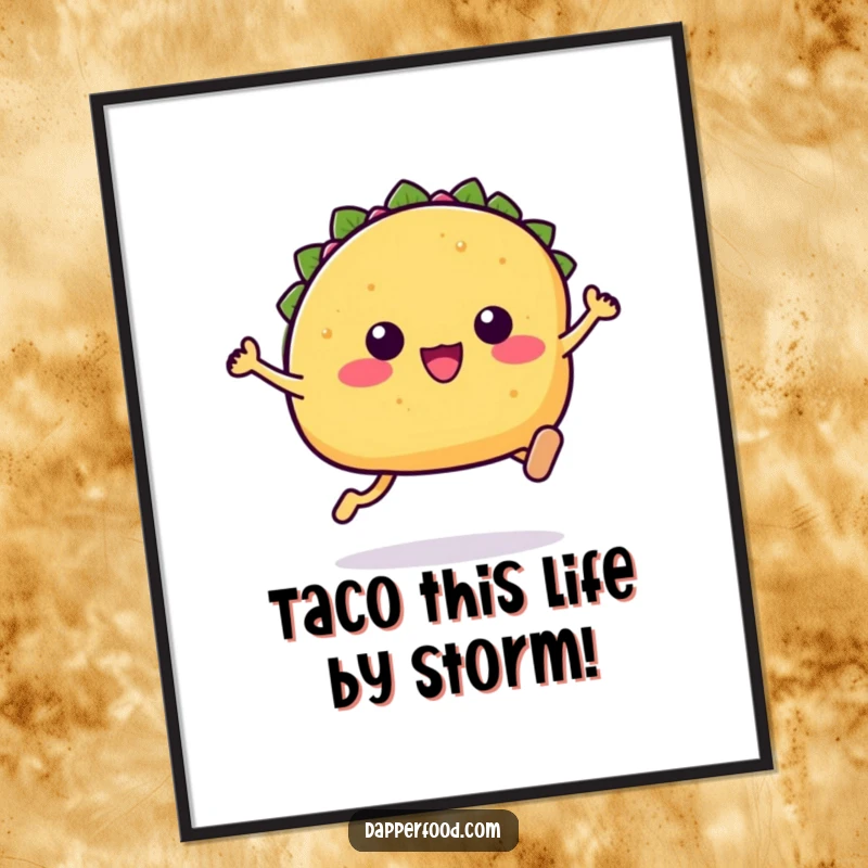 Funny Free Printable Wall Art: An extremely happy Kawaii taco with tiny legs captured mid-leap, full of life and enthusiastic joy.