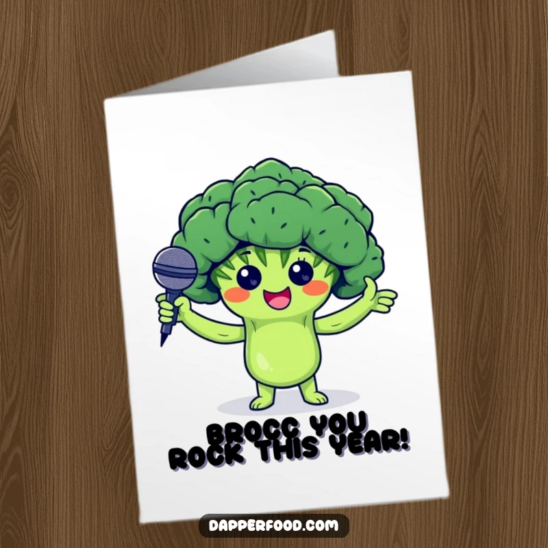 Funny free printable birthday card featuring a proud broccoli floret with arms presenting a tiny microphone, ready to shine.