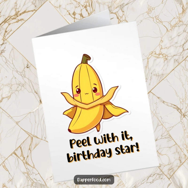 Funny Free Printable Birthday Card featuring a curious banana in a peel cape flying heroically with joy.