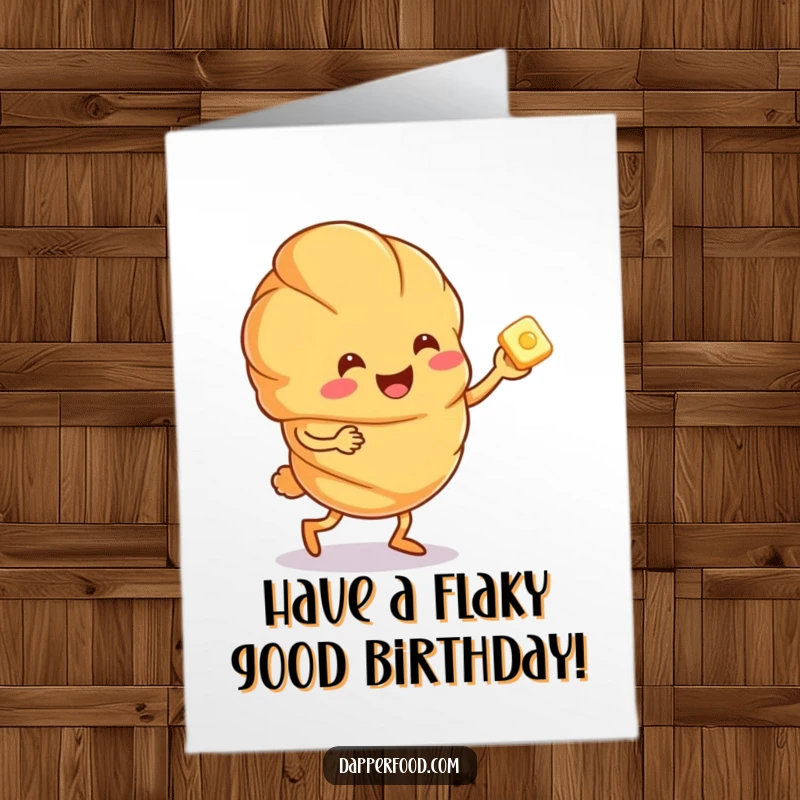 Funny free printable birthday card: Happy croissant character doing a joyful jig with a tiny pat of butter.