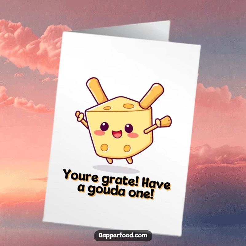 Funny Free Printable Birthday Card: Delighted cheese wedge floats with breadstick wings, ready for a birthday celebration.