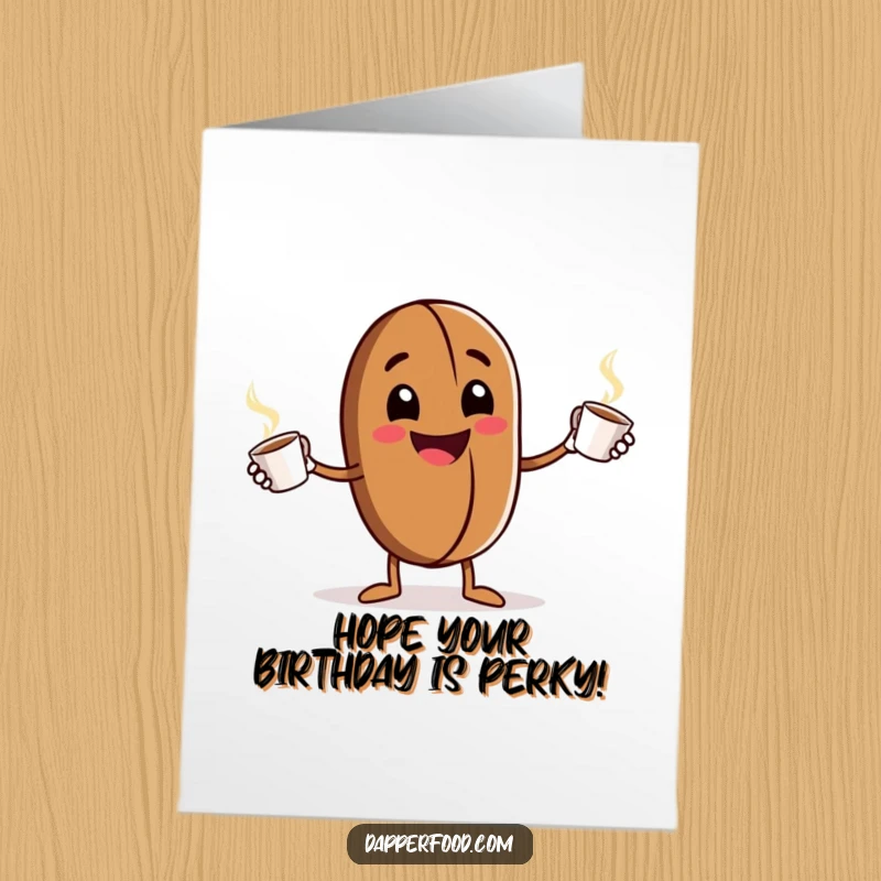 Funny Free Printable Birthday Card: A grinning coffee bean character energetically juggling small, steaming cups of coffee.