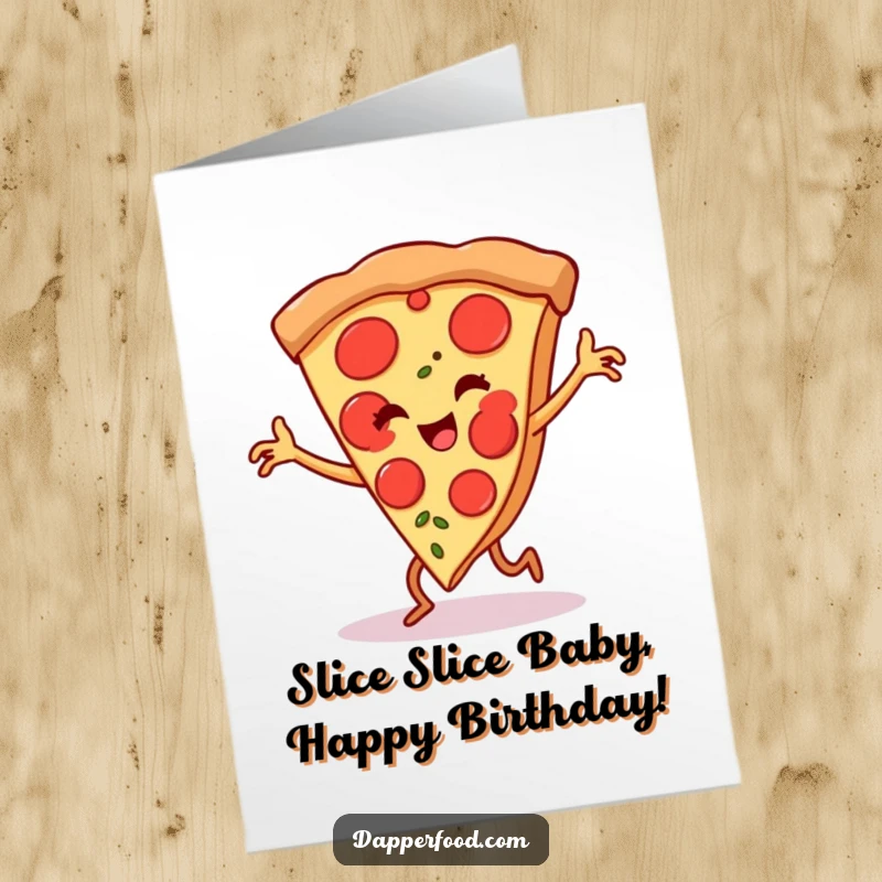 Funny Free Printable Birthday Card: A happy pizza slice doing the flamenco, legs kicking joyfully, ready to celebrate.