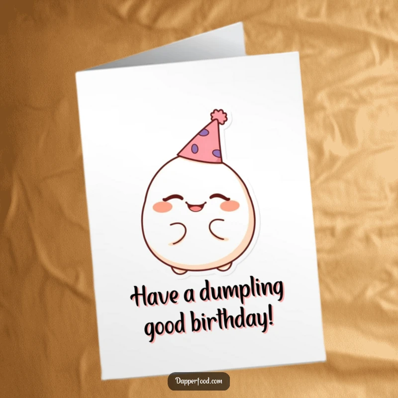 Funny Free Printable Birthday Card: Cheerful dumpling winks in a tiny party hat for a birthday.