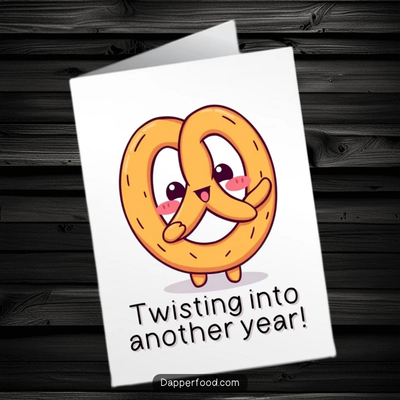 Funny Free Printable Birthday Card: A delighted Kawaii pretzel does a humorous wiggle, spreading birthday cheer and laughter.