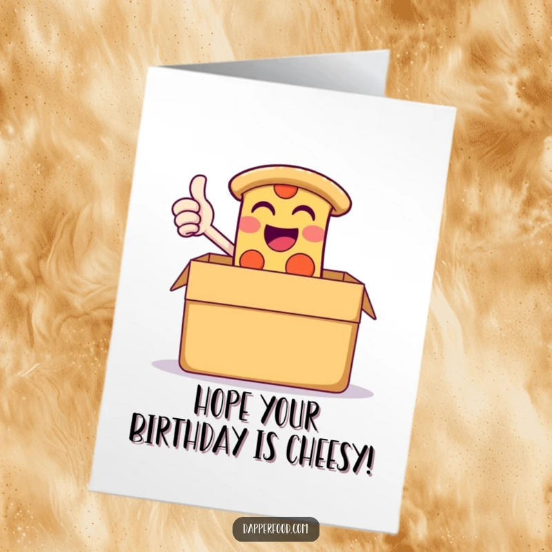 Funny Free Printable Birthday Card: Giggling pizza slice gives a thumbs-up from a giant box for a birthday.