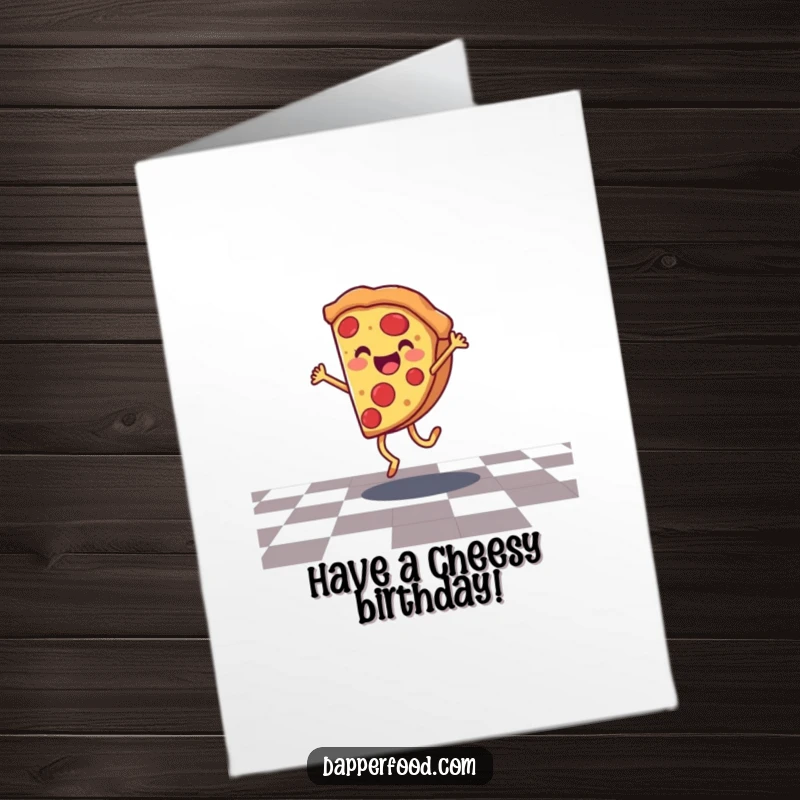 Funny Free Printable Birthday Card: Smiling pizza slice doing a cartwheel, checkered floor, digital greeting