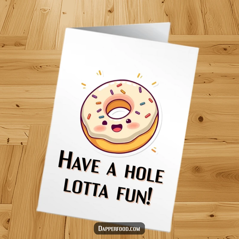 Funny free printable birthday card: An excited donut with colorful sprinkles joyfully spinning on its edge, cheerful art.