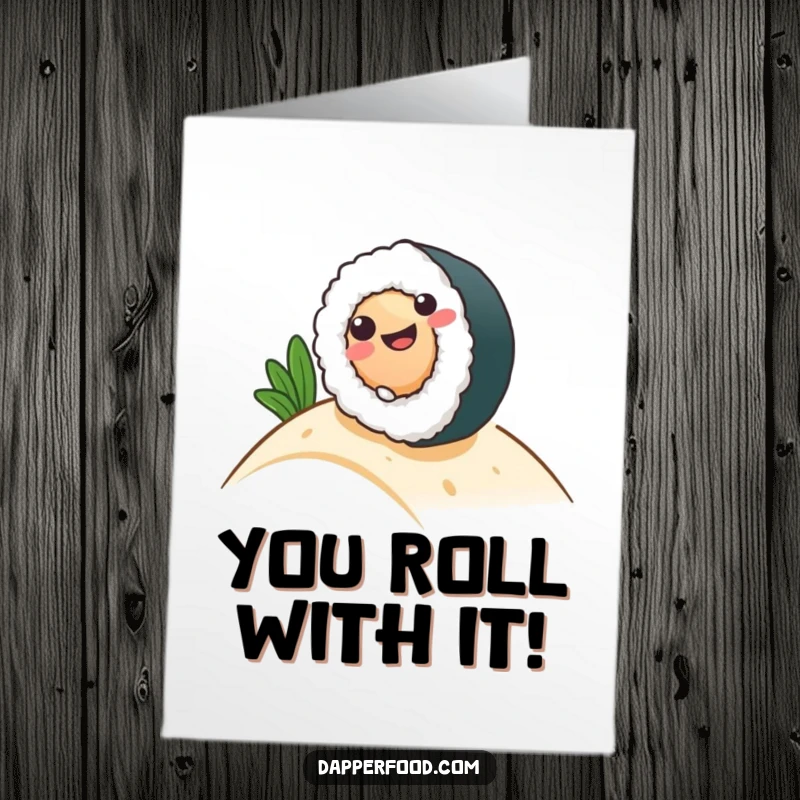 Funny Free Printable Birthday Card: A smiling sushi roll gleefully tumbles down a grassy hill with joy.