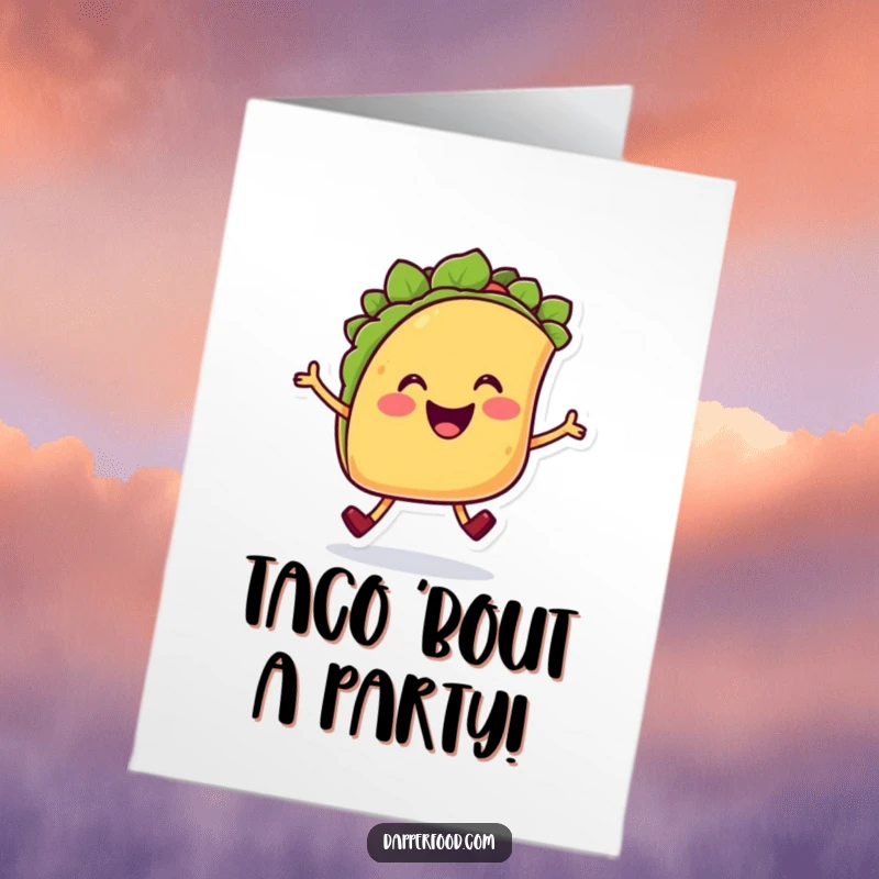 Funny Free Printable birthday card featuring a smiling taco character with legs joyfully hopping, ready to celebrate.
