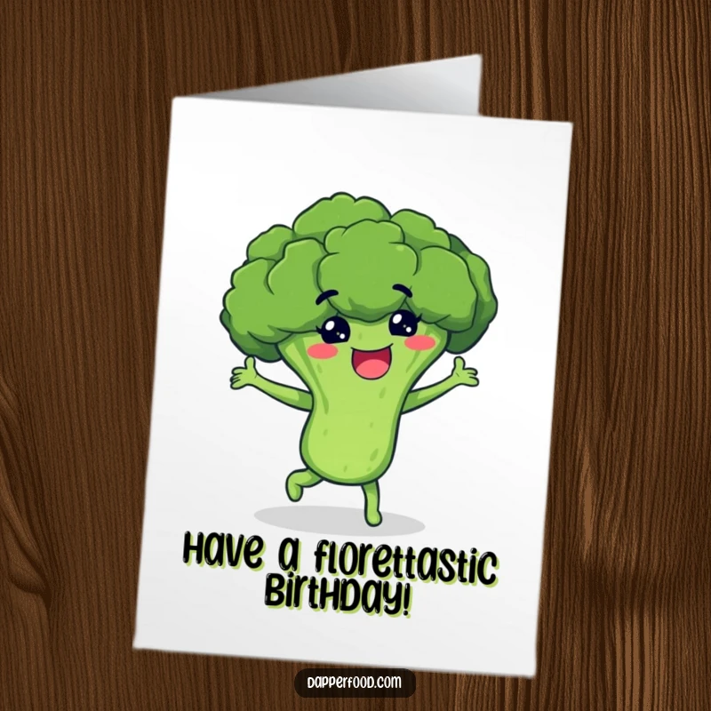 Funny Free Printable Birthday Card featuring a beaming broccoli floret doing a wildly energetic and silly dance.