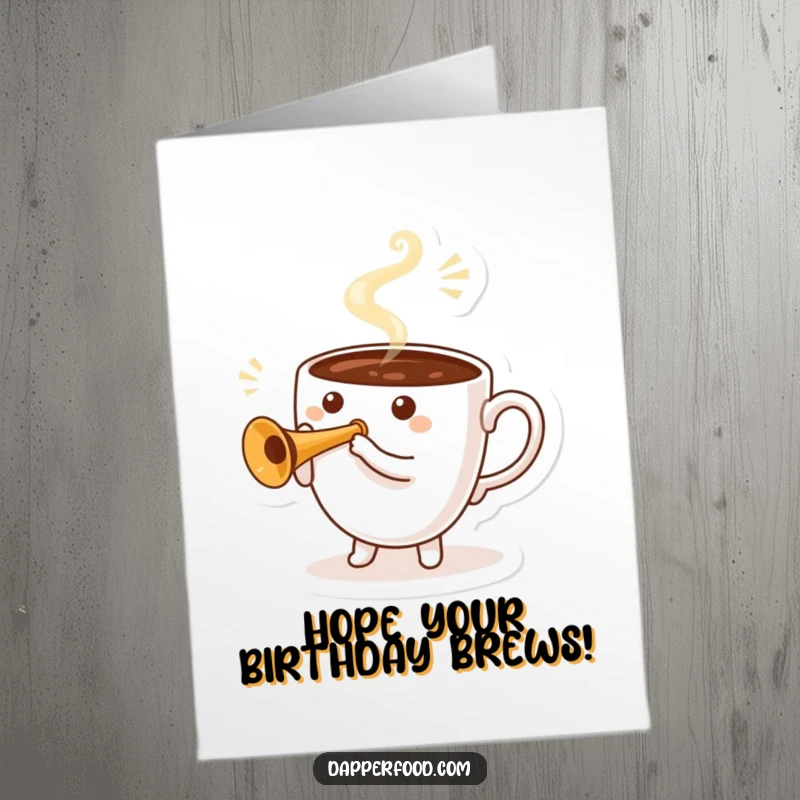 Funny Free Printable Birthday Card of a coffee cup character playing a tiny trumpet with steam swirling merrily.